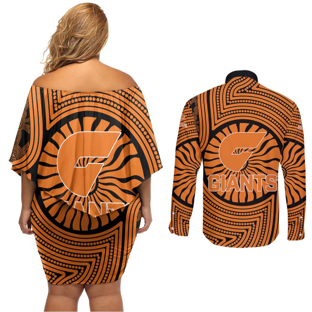 Greater Western Sydney Giants Couples Matching Off Shoulder Short Dress and Long Sleeve Button Shirt Indigenous Monochrome Dot Art Mascot Style