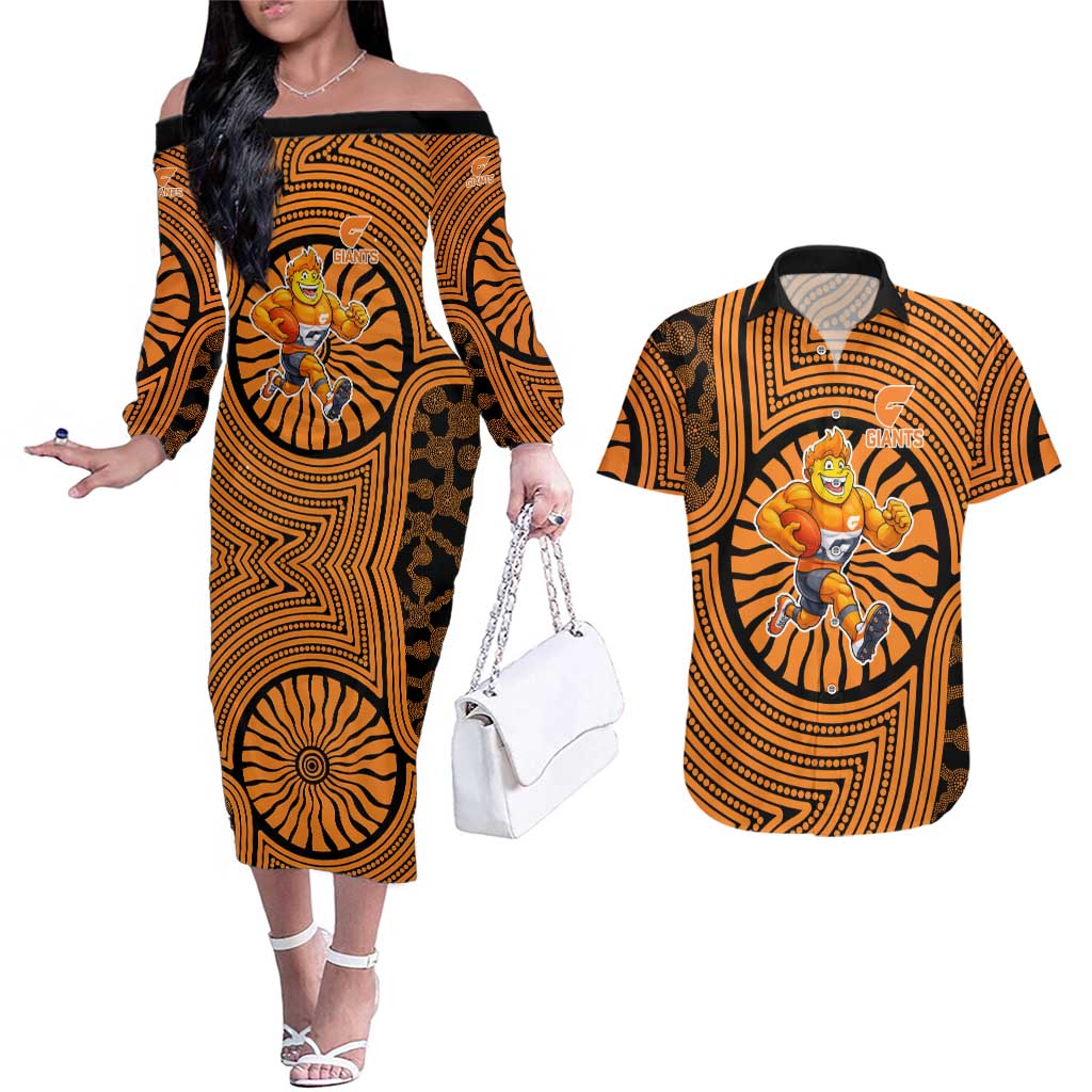 Greater Western Sydney Giants Couples Matching Off The Shoulder Long Sleeve Dress and Hawaiian Shirt Indigenous Monochrome Dot Art Mascot Style