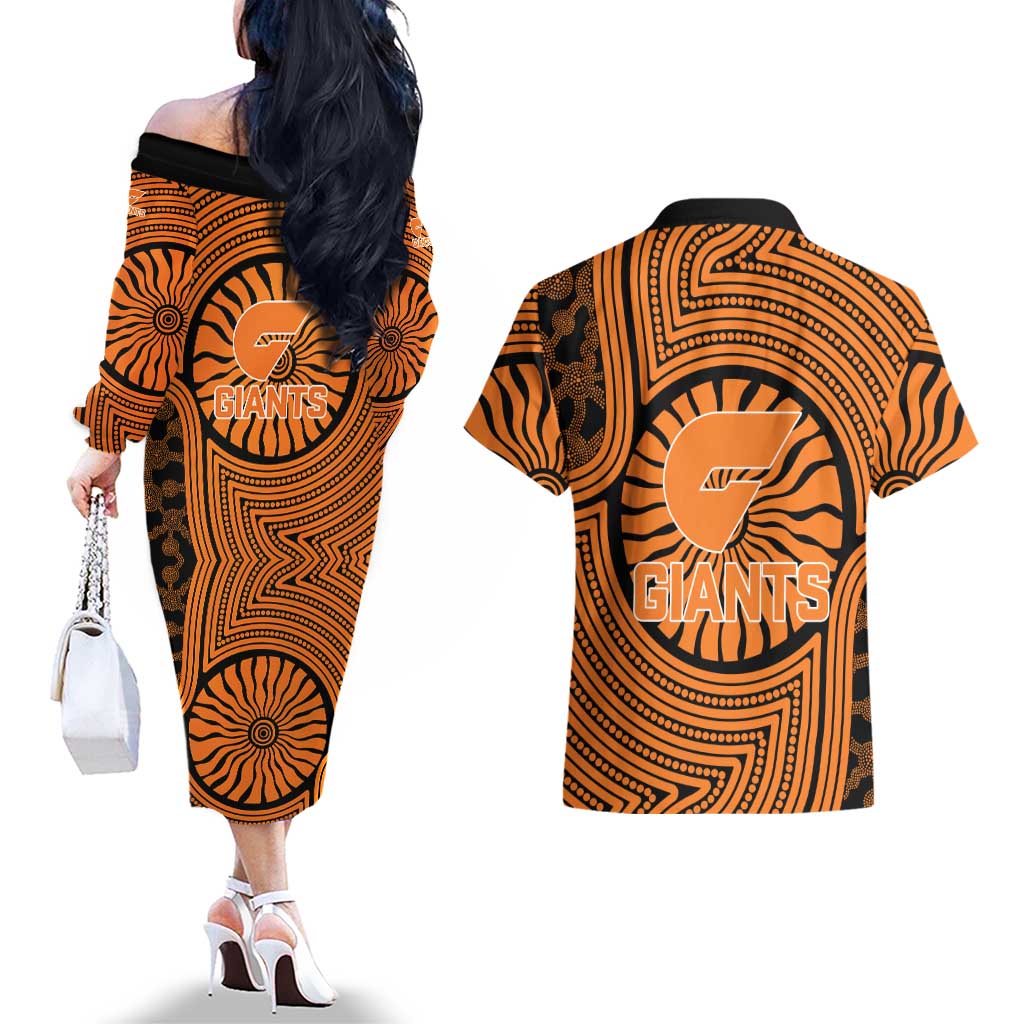Greater Western Sydney Giants Couples Matching Off The Shoulder Long Sleeve Dress and Hawaiian Shirt Indigenous Monochrome Dot Art Mascot Style