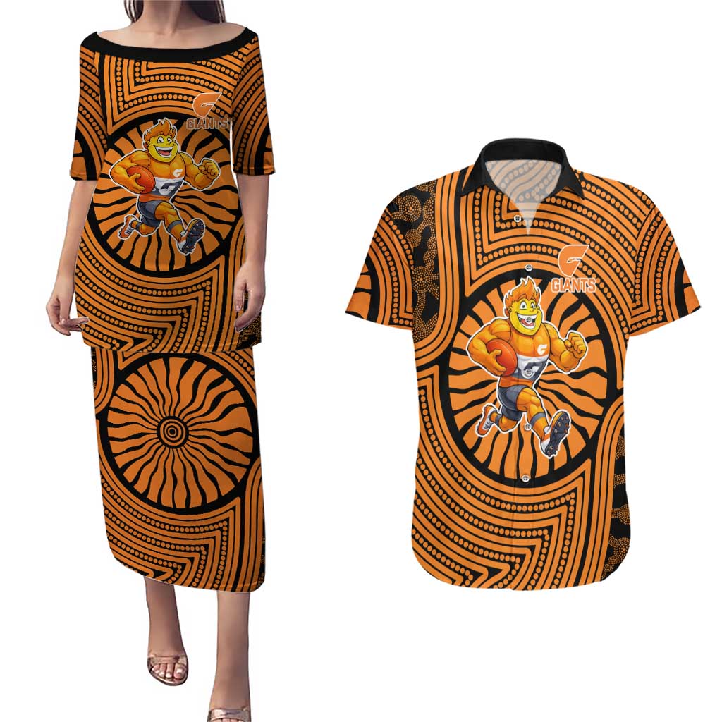 Greater Western Sydney Giants Couples Matching Puletasi and Hawaiian Shirt Indigenous Monochrome Dot Art Mascot Style