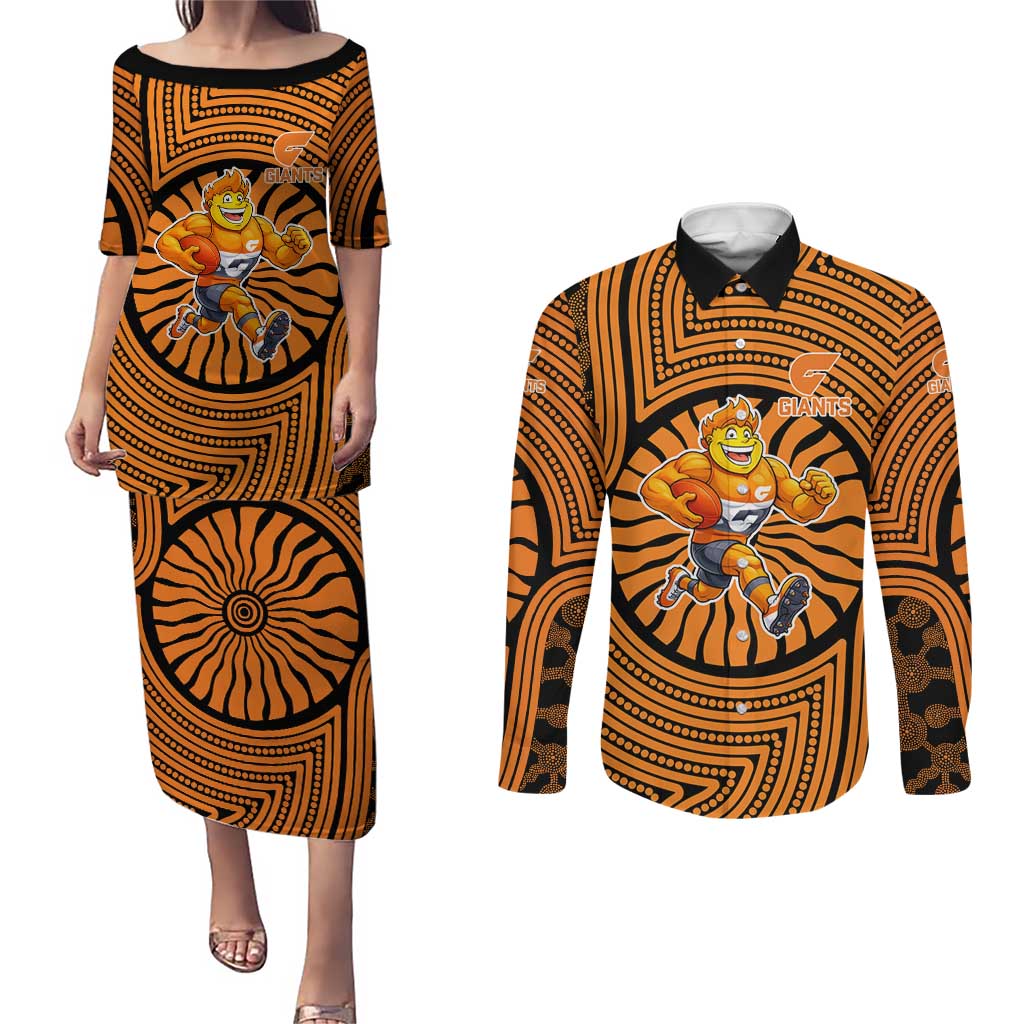Greater Western Sydney Giants Couples Matching Puletasi and Long Sleeve Button Shirt Indigenous Monochrome Dot Art Mascot Style