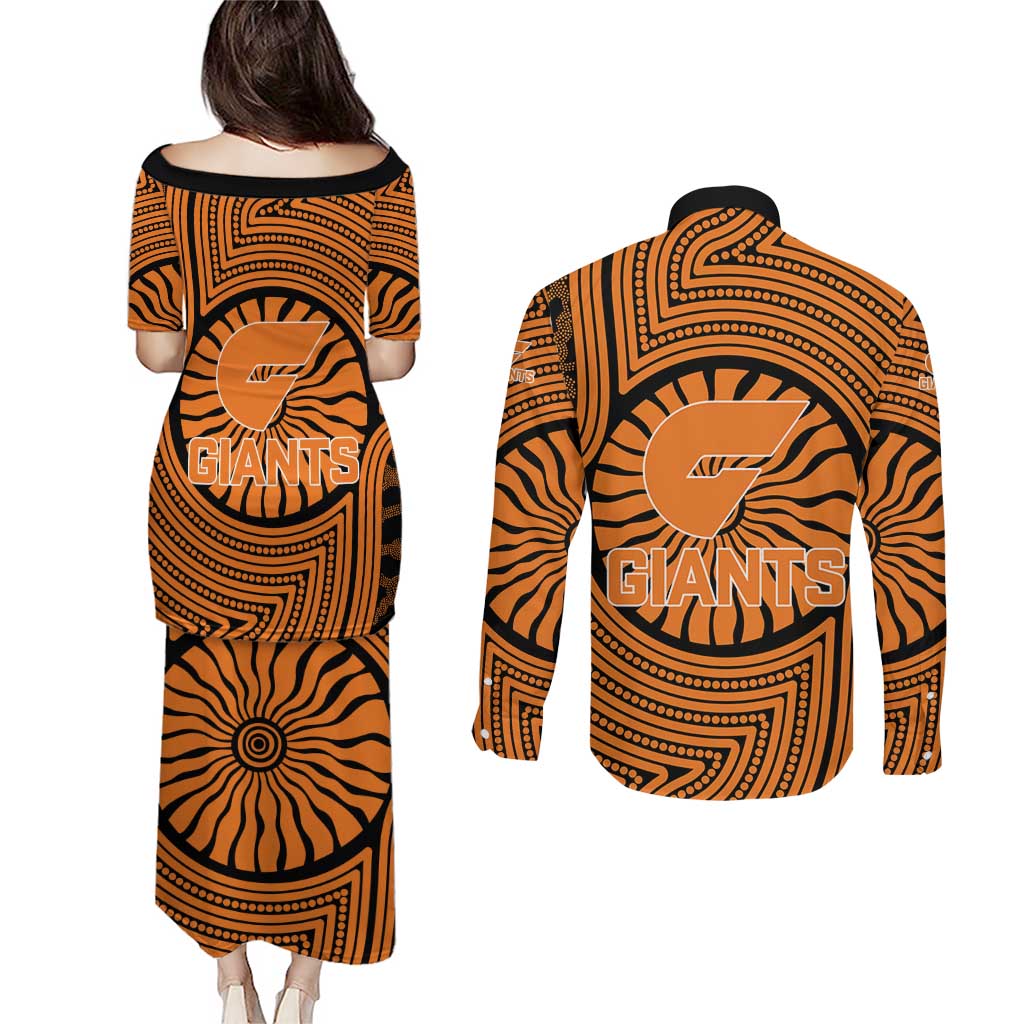 Greater Western Sydney Giants Couples Matching Puletasi and Long Sleeve Button Shirt Indigenous Monochrome Dot Art Mascot Style