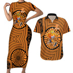 Greater Western Sydney Giants Couples Matching Short Sleeve Bodycon Dress and Hawaiian Shirt Indigenous Monochrome Dot Art Mascot Style