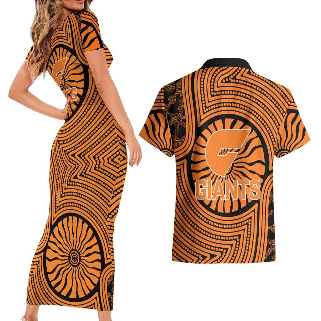 Greater Western Sydney Giants Couples Matching Short Sleeve Bodycon Dress and Hawaiian Shirt Indigenous Monochrome Dot Art Mascot Style