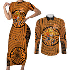 Greater Western Sydney Giants Couples Matching Short Sleeve Bodycon Dress and Long Sleeve Button Shirt Indigenous Monochrome Dot Art Mascot Style