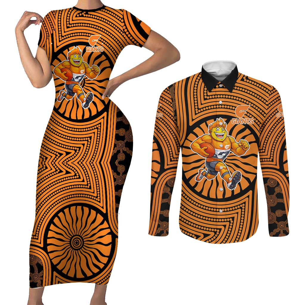 Greater Western Sydney Giants Couples Matching Short Sleeve Bodycon Dress and Long Sleeve Button Shirt Indigenous Monochrome Dot Art Mascot Style