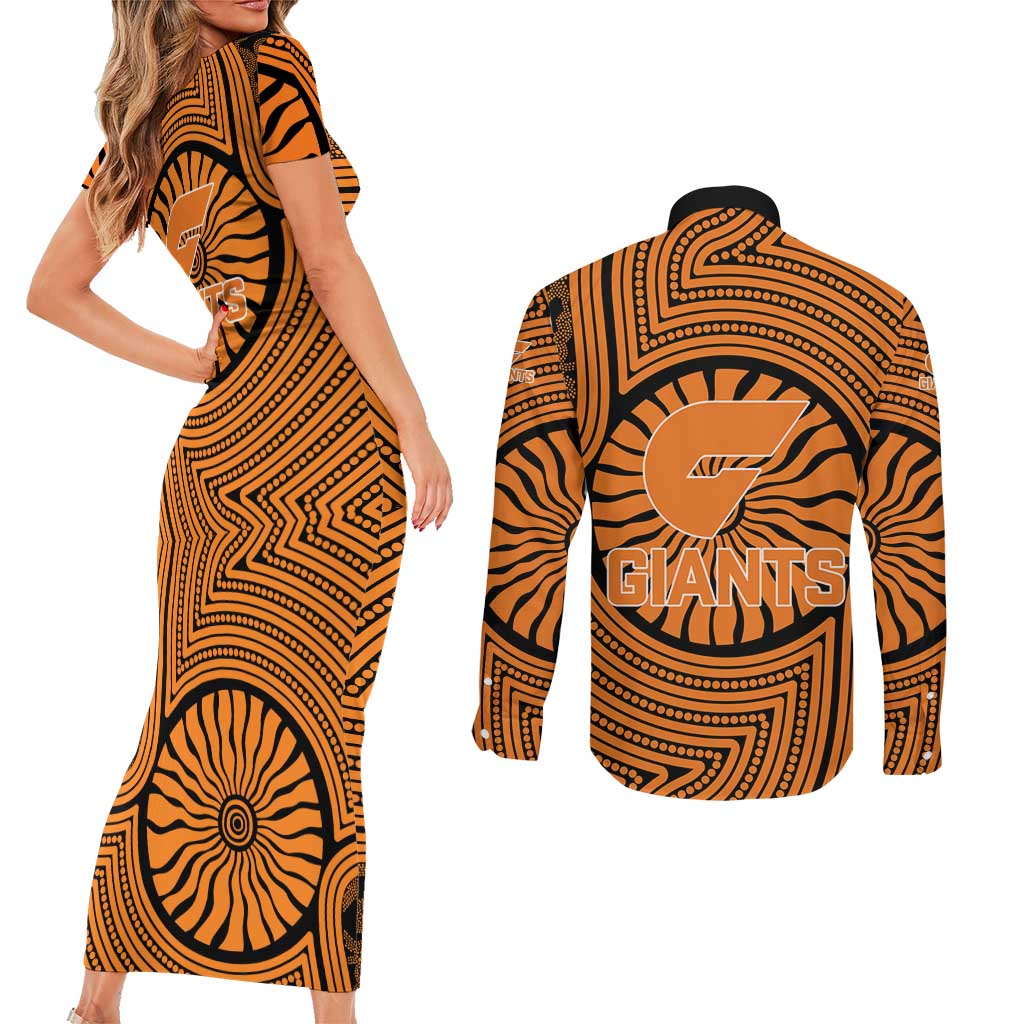 Greater Western Sydney Giants Couples Matching Short Sleeve Bodycon Dress and Long Sleeve Button Shirt Indigenous Monochrome Dot Art Mascot Style