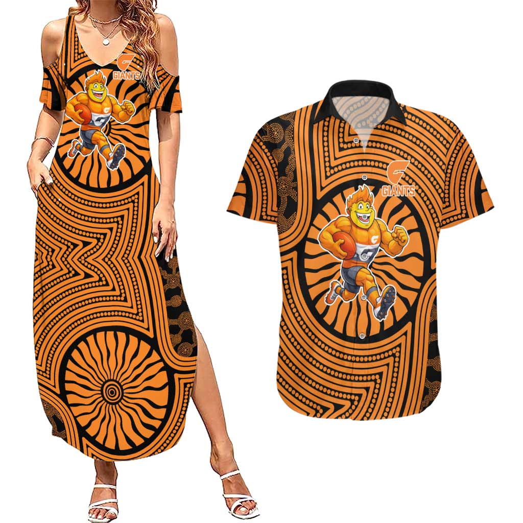 Greater Western Sydney Giants Couples Matching Summer Maxi Dress and Hawaiian Shirt Indigenous Monochrome Dot Art Mascot Style
