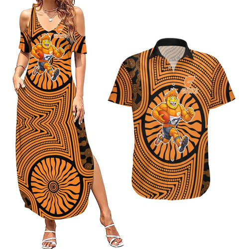 Greater Western Sydney Giants Couples Matching Summer Maxi Dress and Hawaiian Shirt Indigenous Monochrome Dot Art Mascot Style