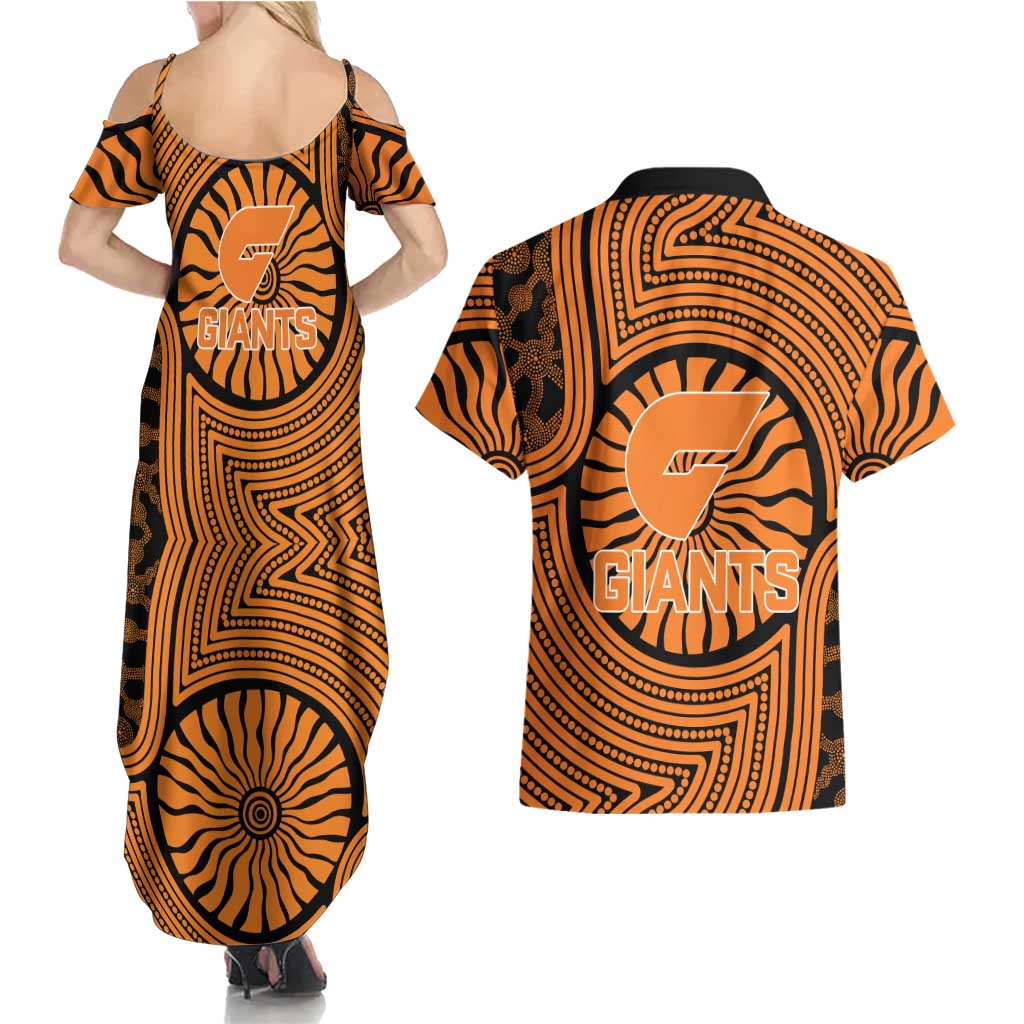 Greater Western Sydney Giants Couples Matching Summer Maxi Dress and Hawaiian Shirt Indigenous Monochrome Dot Art Mascot Style