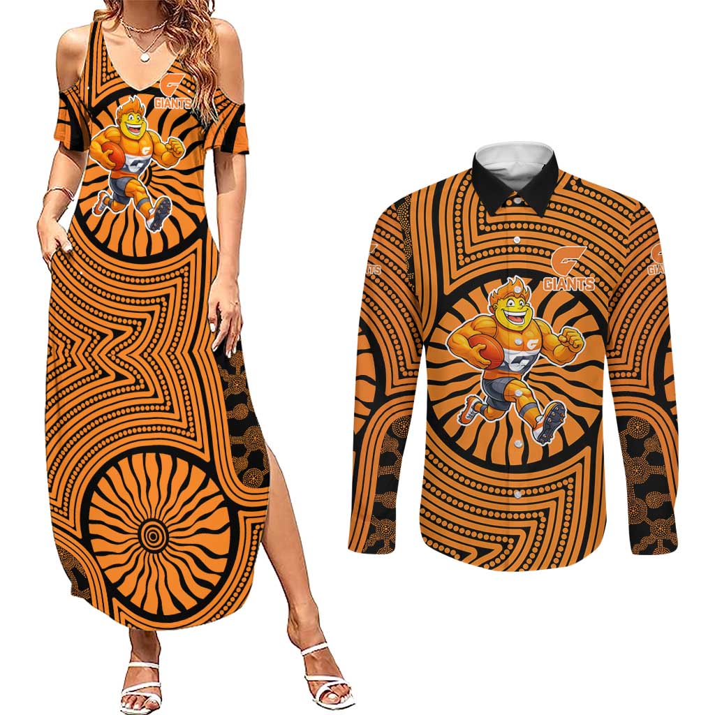 Greater Western Sydney Giants Couples Matching Summer Maxi Dress and Long Sleeve Button Shirt Indigenous Monochrome Dot Art Mascot Style