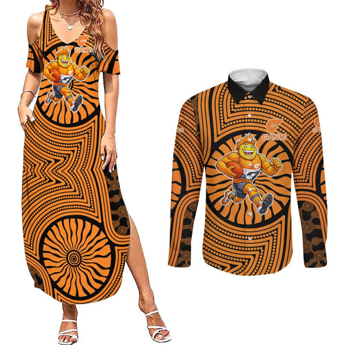 Greater Western Sydney Giants Couples Matching Summer Maxi Dress and Long Sleeve Button Shirt Indigenous Monochrome Dot Art Mascot Style