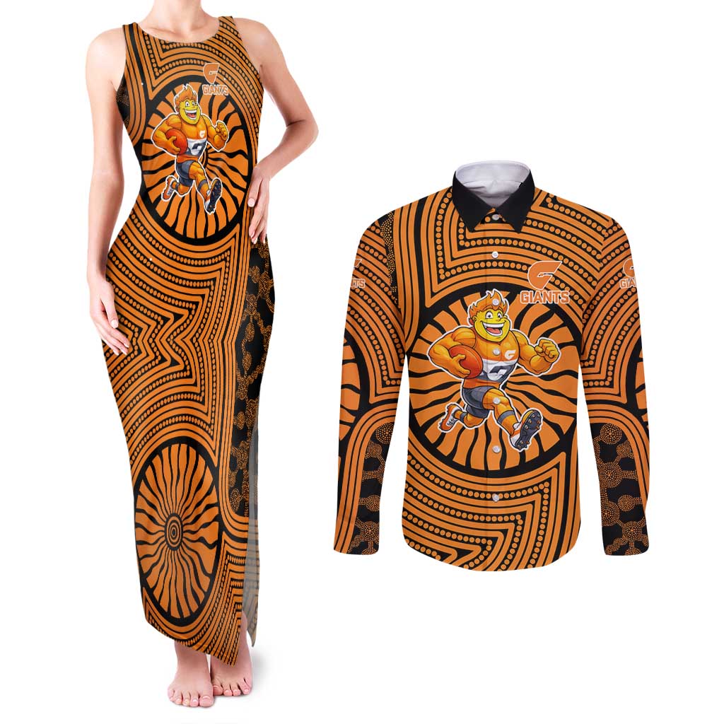Greater Western Sydney Giants Couples Matching Tank Maxi Dress and Long Sleeve Button Shirt Indigenous Monochrome Dot Art Mascot Style