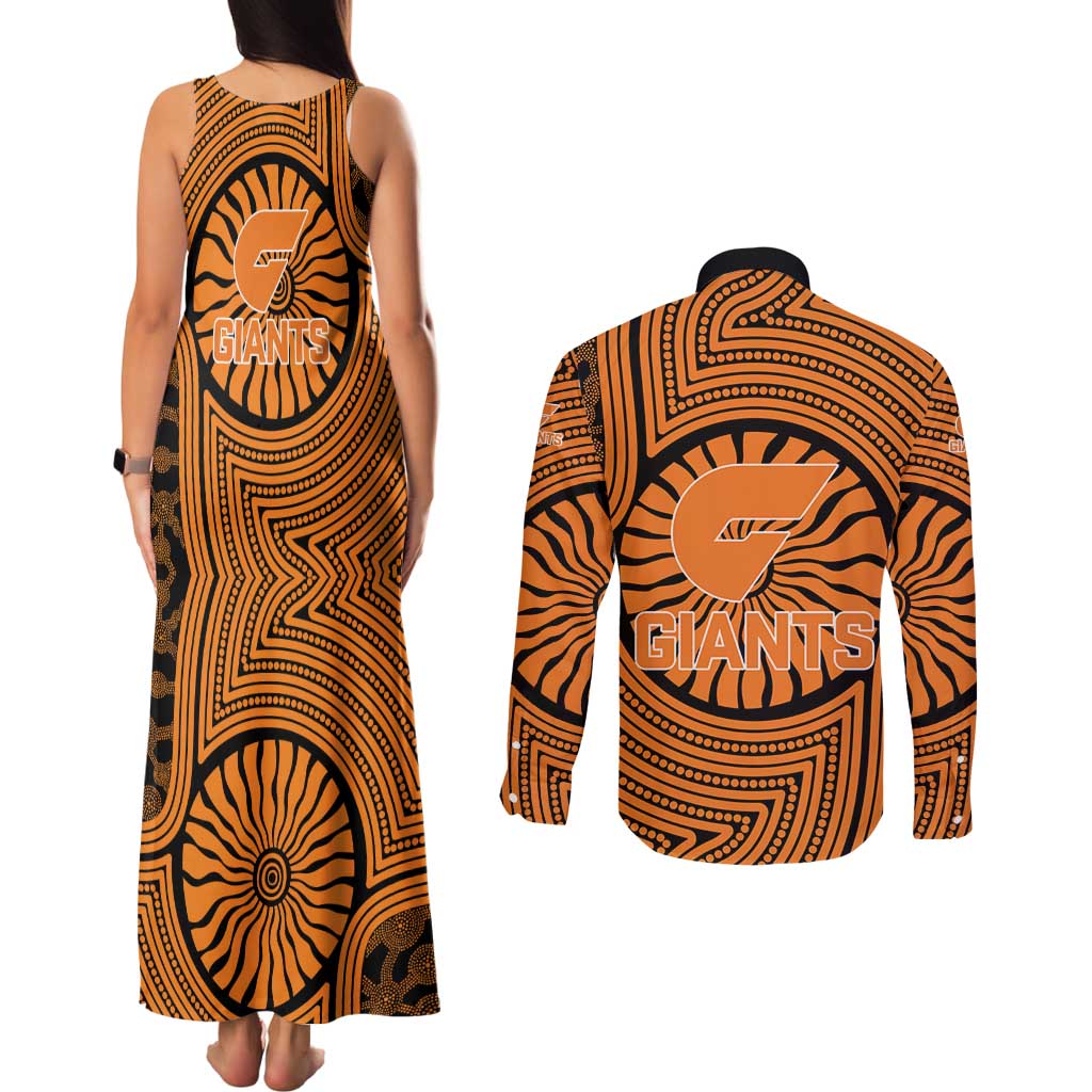 Greater Western Sydney Giants Couples Matching Tank Maxi Dress and Long Sleeve Button Shirt Indigenous Monochrome Dot Art Mascot Style