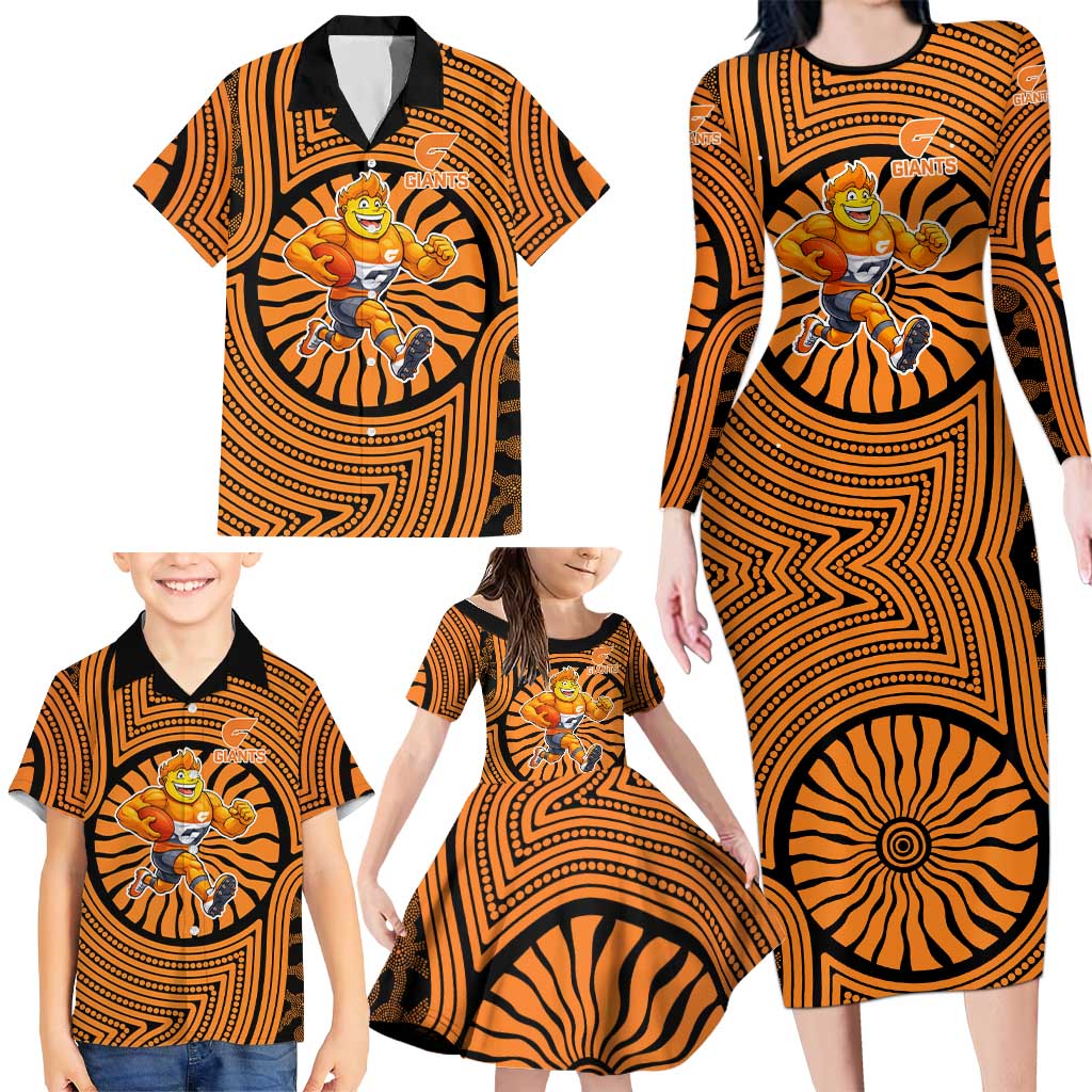 Greater Western Sydney Giants Family Matching Long Sleeve Bodycon Dress and Hawaiian Shirt Indigenous Monochrome Dot Art Mascot Style