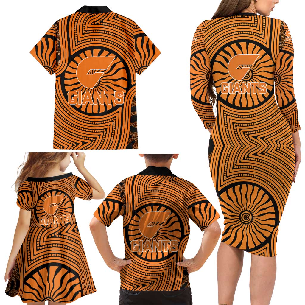 Greater Western Sydney Giants Family Matching Long Sleeve Bodycon Dress and Hawaiian Shirt Indigenous Monochrome Dot Art Mascot Style