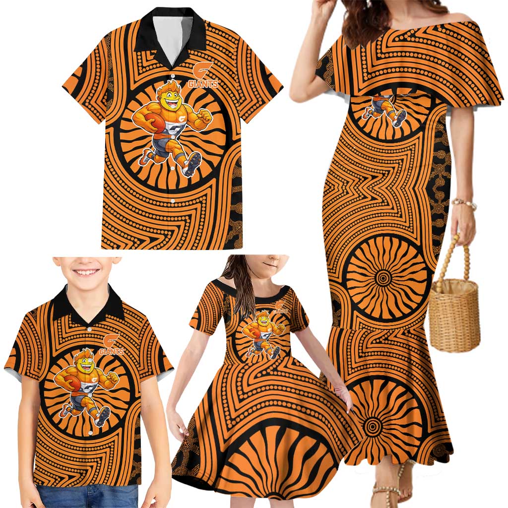 Greater Western Sydney Giants Family Matching Mermaid Dress and Hawaiian Shirt Indigenous Monochrome Dot Art Mascot Style