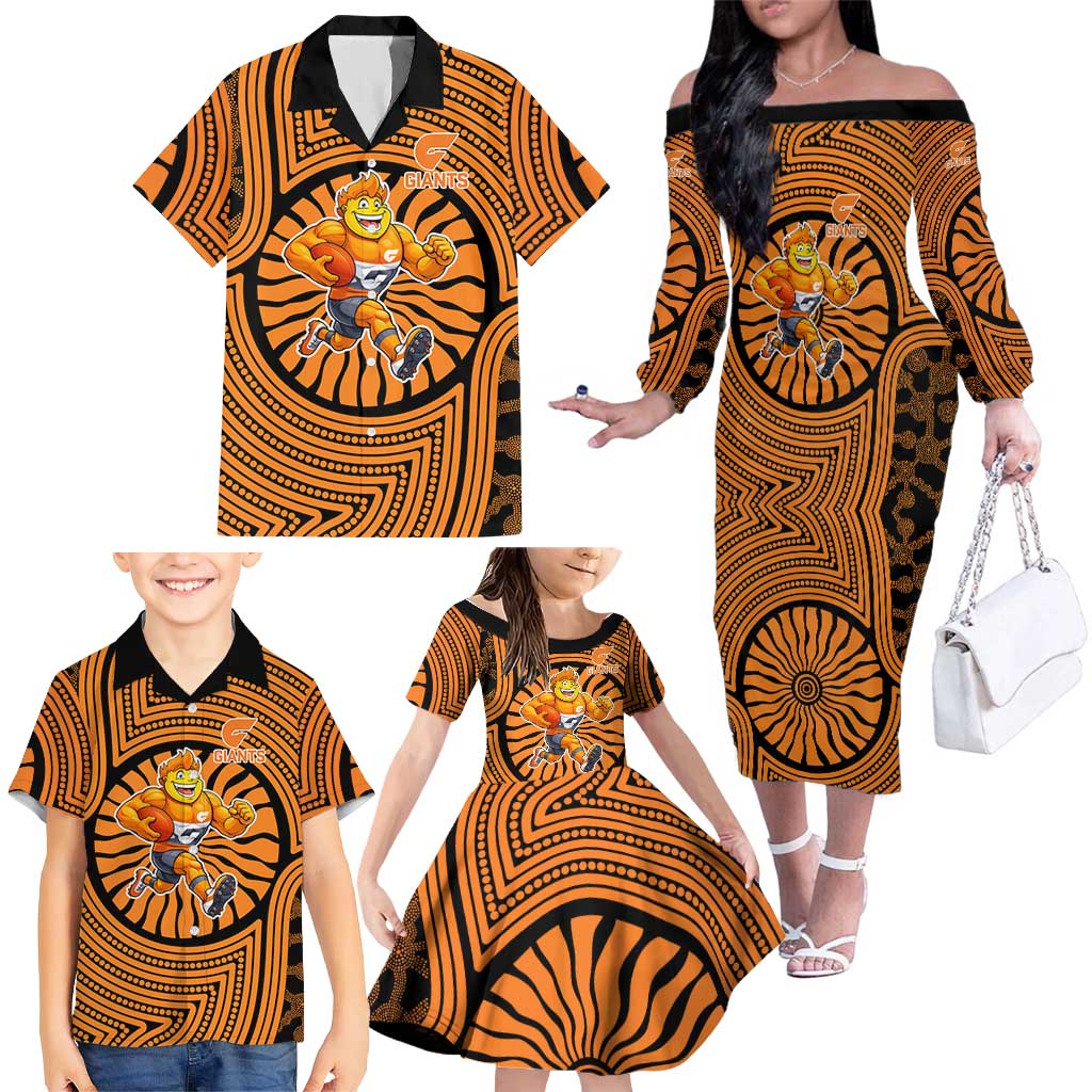 Greater Western Sydney Giants Family Matching Off The Shoulder Long Sleeve Dress and Hawaiian Shirt Indigenous Monochrome Dot Art Mascot Style