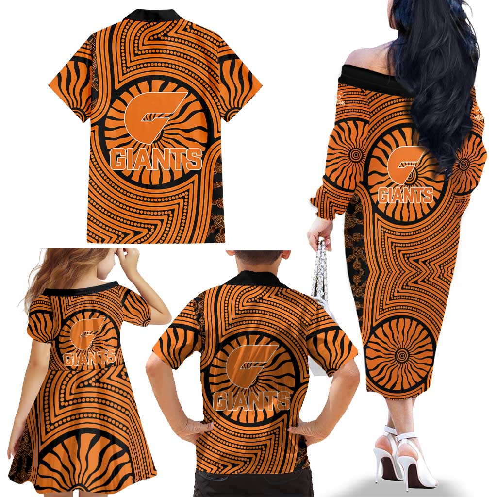 Greater Western Sydney Giants Family Matching Off The Shoulder Long Sleeve Dress and Hawaiian Shirt Indigenous Monochrome Dot Art Mascot Style