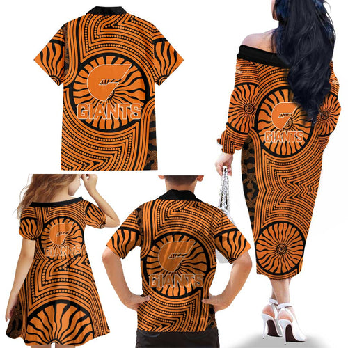 Greater Western Sydney Giants Family Matching Off The Shoulder Long Sleeve Dress and Hawaiian Shirt Indigenous Monochrome Dot Art Mascot Style