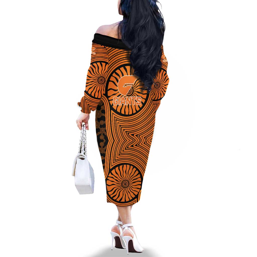 Greater Western Sydney Giants Family Matching Off The Shoulder Long Sleeve Dress and Hawaiian Shirt Indigenous Monochrome Dot Art Mascot Style