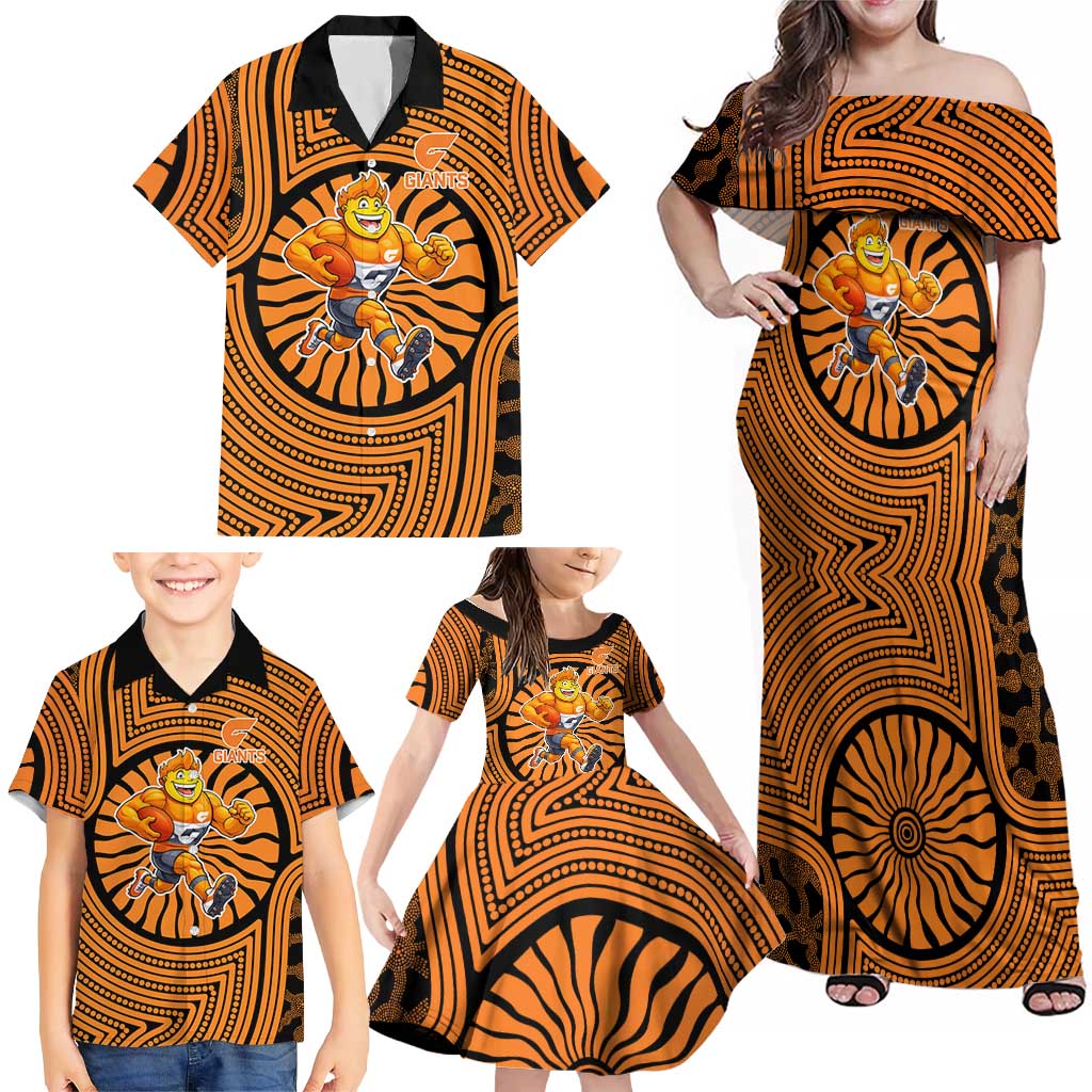 Greater Western Sydney Giants Family Matching Off Shoulder Maxi Dress and Hawaiian Shirt Indigenous Monochrome Dot Art Mascot Style