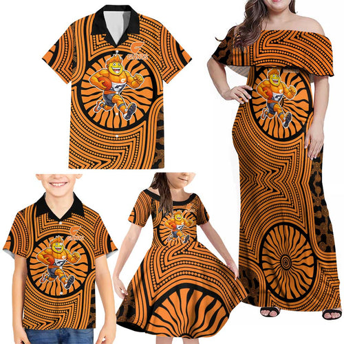 Greater Western Sydney Giants Family Matching Off Shoulder Maxi Dress and Hawaiian Shirt Indigenous Monochrome Dot Art Mascot Style