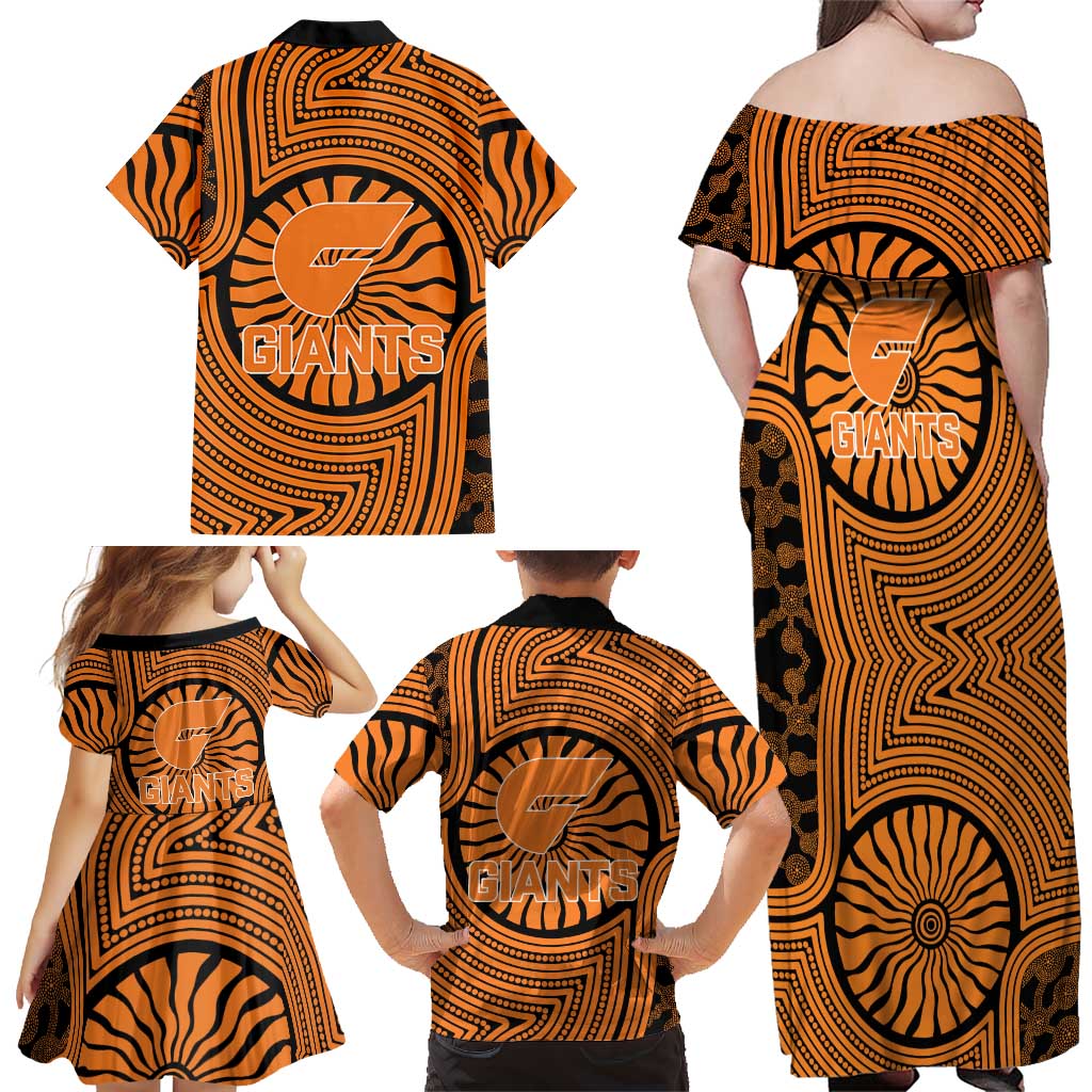 Greater Western Sydney Giants Family Matching Off Shoulder Maxi Dress and Hawaiian Shirt Indigenous Monochrome Dot Art Mascot Style