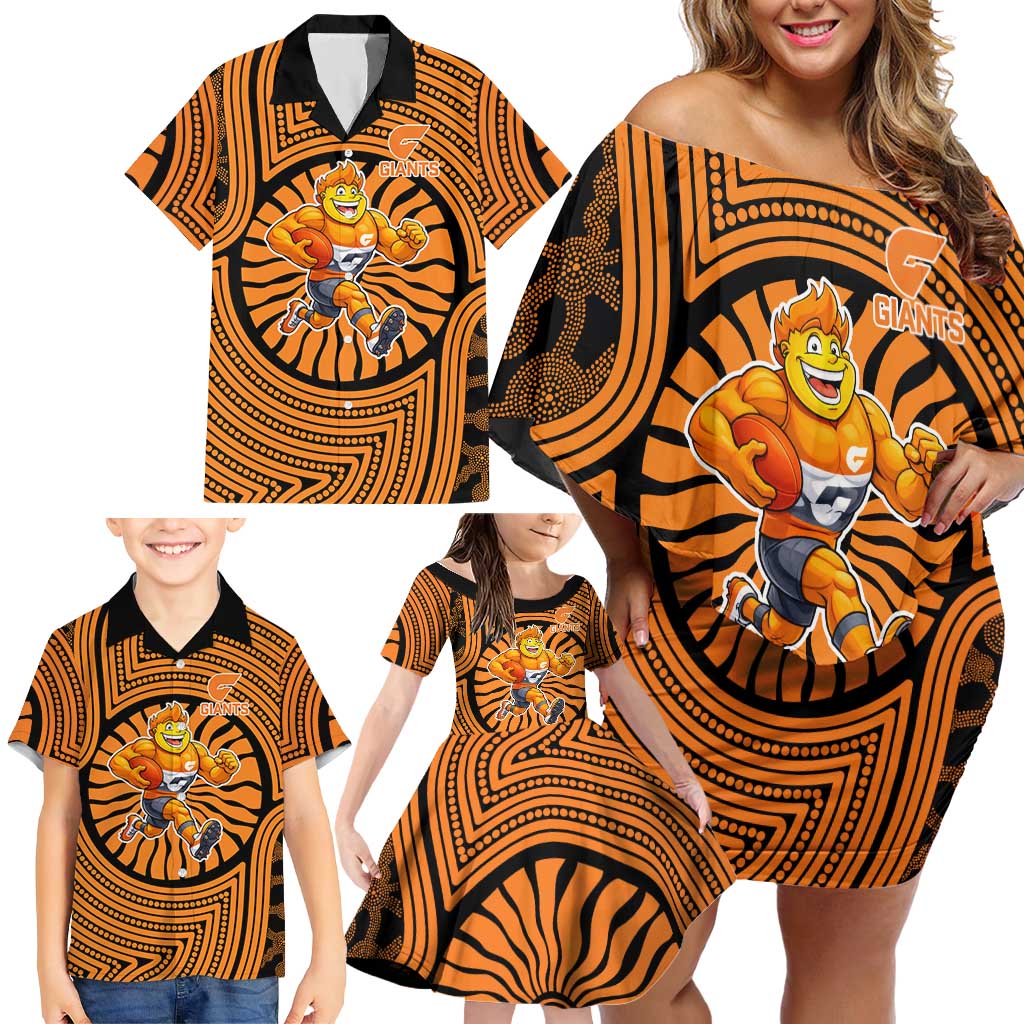 Greater Western Sydney Giants Family Matching Off Shoulder Short Dress and Hawaiian Shirt Indigenous Monochrome Dot Art Mascot Style
