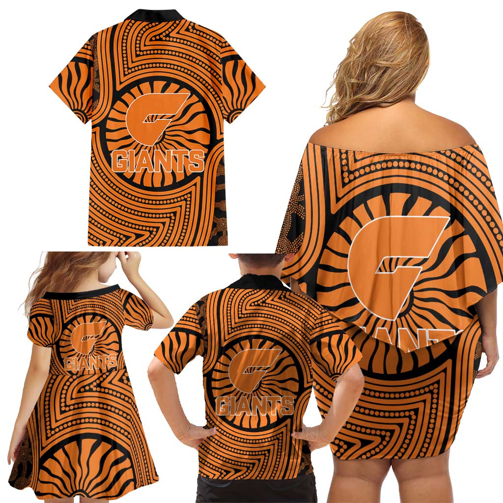 Greater Western Sydney Giants Family Matching Off Shoulder Short Dress and Hawaiian Shirt Indigenous Monochrome Dot Art Mascot Style