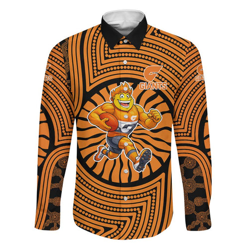 Greater Western Sydney Giants Family Matching Off Shoulder Short Dress and Hawaiian Shirt Indigenous Monochrome Dot Art Mascot Style
