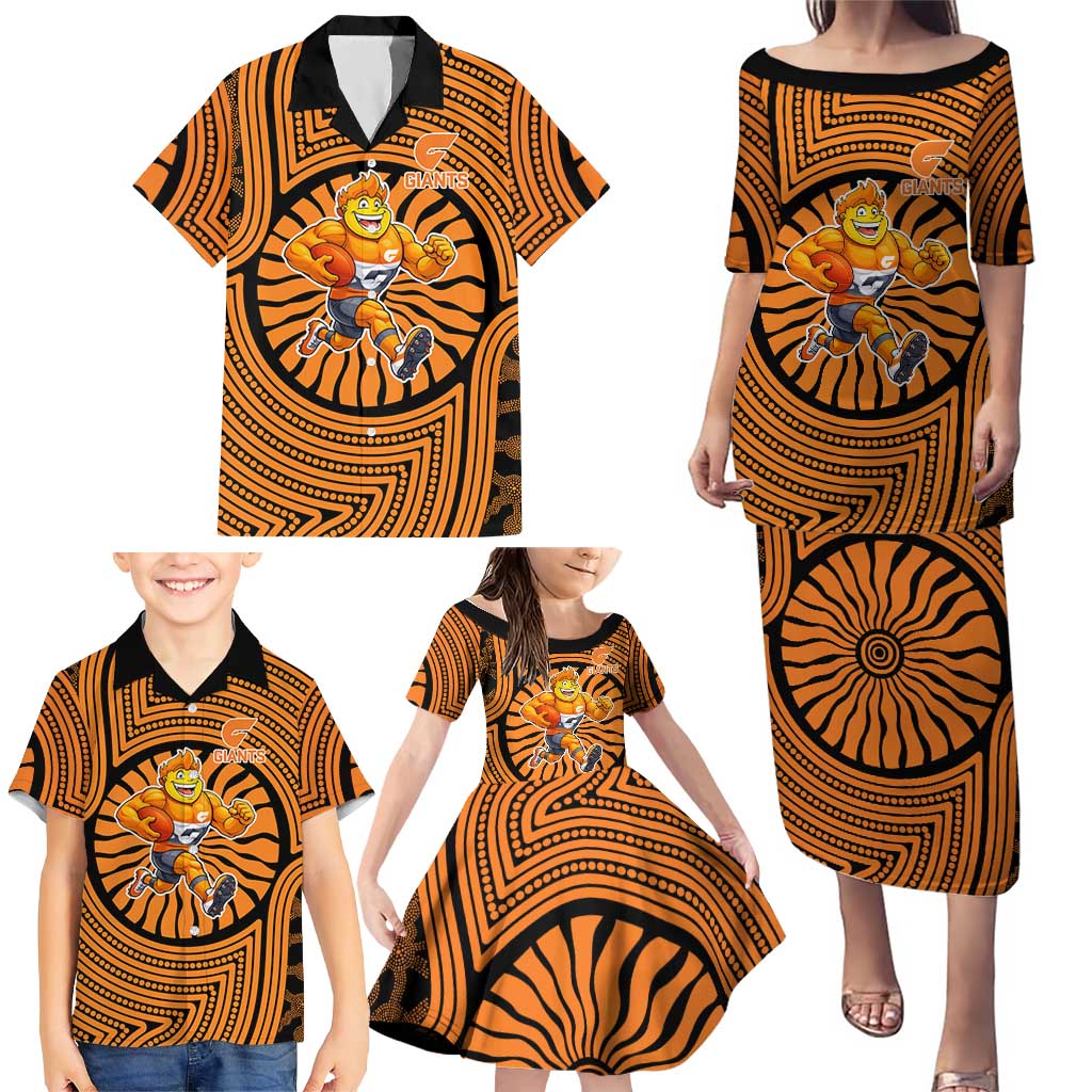 Greater Western Sydney Giants Family Matching Puletasi and Hawaiian Shirt Indigenous Monochrome Dot Art Mascot Style