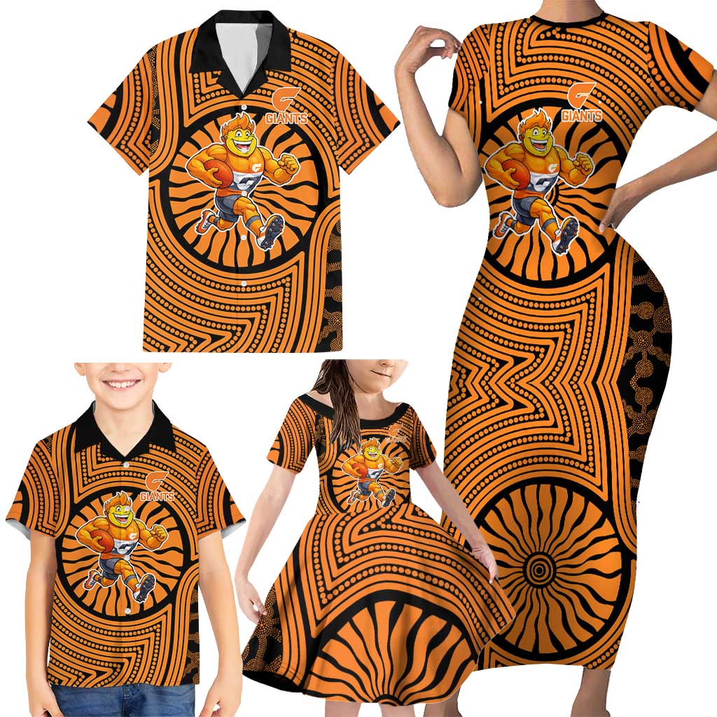 Greater Western Sydney Giants Family Matching Short Sleeve Bodycon Dress and Hawaiian Shirt Indigenous Monochrome Dot Art Mascot Style