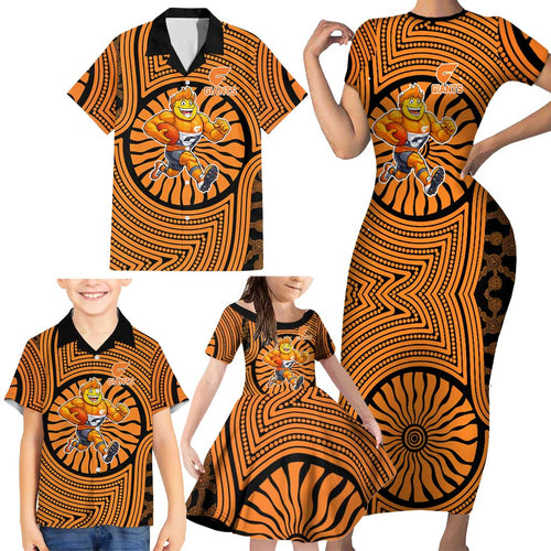 Greater Western Sydney Giants Family Matching Short Sleeve Bodycon Dress and Hawaiian Shirt Indigenous Monochrome Dot Art Mascot Style