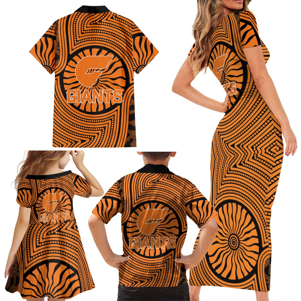 Greater Western Sydney Giants Family Matching Short Sleeve Bodycon Dress and Hawaiian Shirt Indigenous Monochrome Dot Art Mascot Style