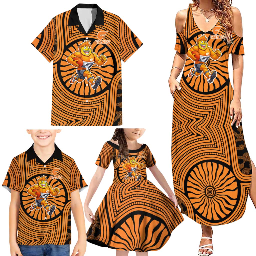 Greater Western Sydney Giants Family Matching Summer Maxi Dress and Hawaiian Shirt Indigenous Monochrome Dot Art Mascot Style