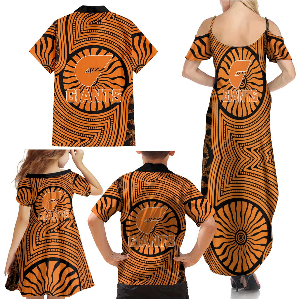 Greater Western Sydney Giants Family Matching Summer Maxi Dress and Hawaiian Shirt Indigenous Monochrome Dot Art Mascot Style