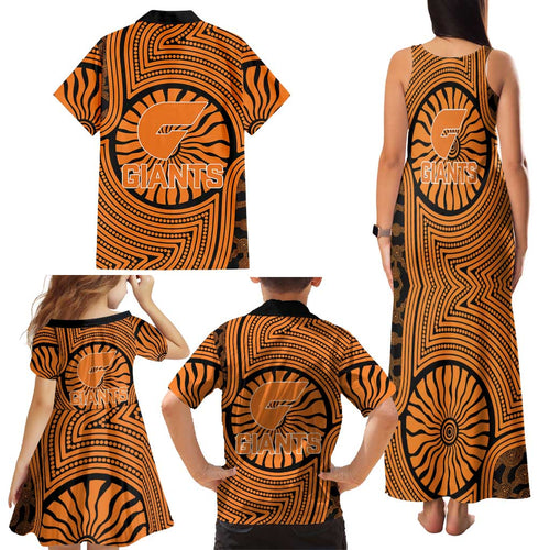Greater Western Sydney Giants Family Matching Tank Maxi Dress and Hawaiian Shirt Indigenous Monochrome Dot Art Mascot Style