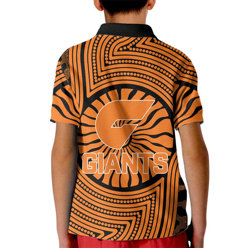 Greater Western Sydney Giants Kid Polo Shirt Indigenous Monochrome Dot Art Mascot Style