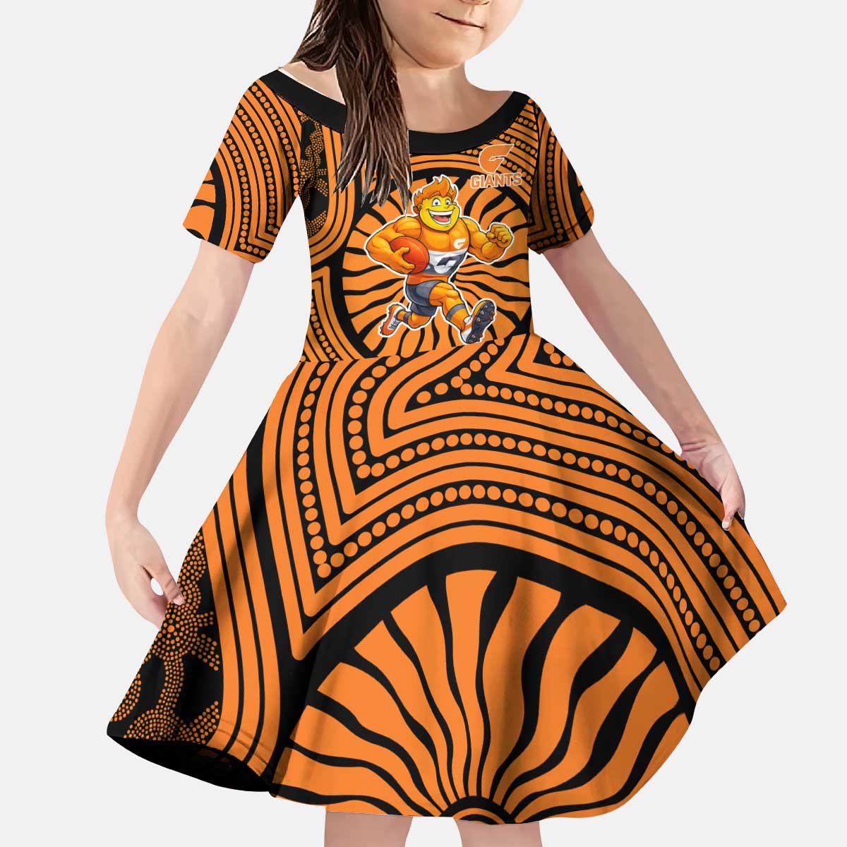 Greater Western Sydney Giants Kid Short Sleeve Dress Indigenous Monochrome Dot Art Mascot Style