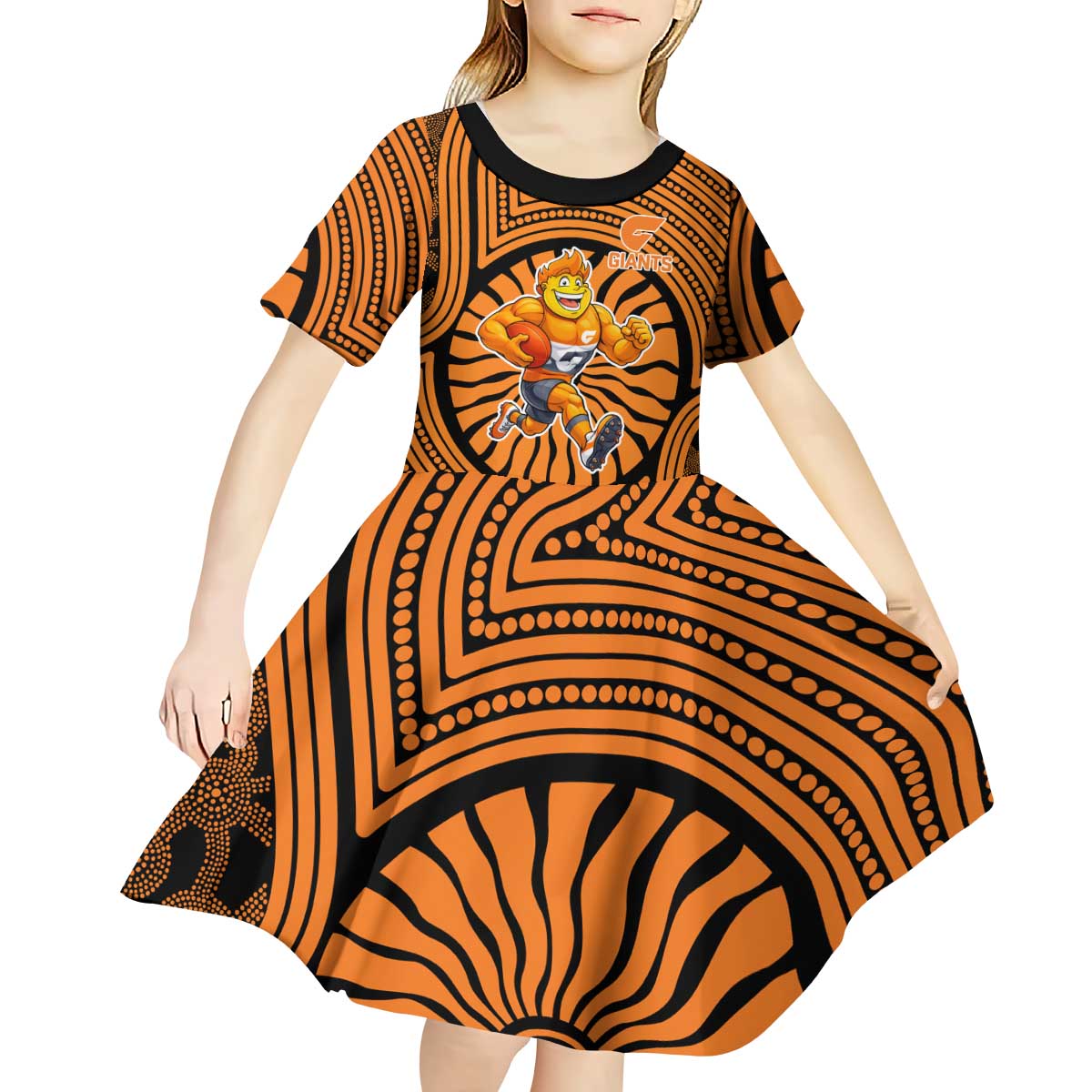 Greater Western Sydney Giants Kid Short Sleeve Dress Indigenous Monochrome Dot Art Mascot Style