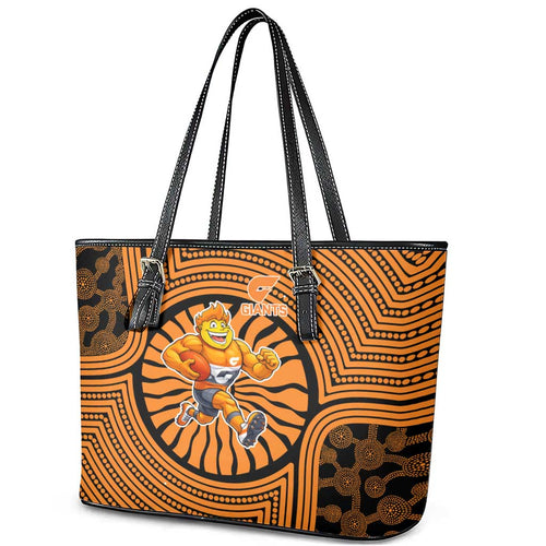 Greater Western Sydney Giants Leather Tote Bag Indigenous Monochrome Dot Art Mascot Style
