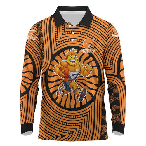 Greater Western Sydney Giants Long Sleeve Polo Shirt Indigenous Monochrome Dot Art Mascot Style
