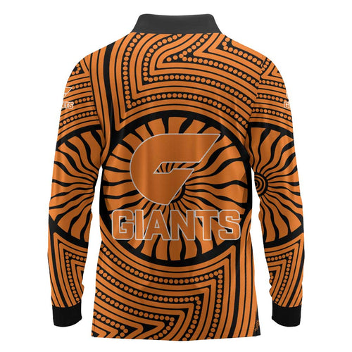 Greater Western Sydney Giants Long Sleeve Polo Shirt Indigenous Monochrome Dot Art Mascot Style