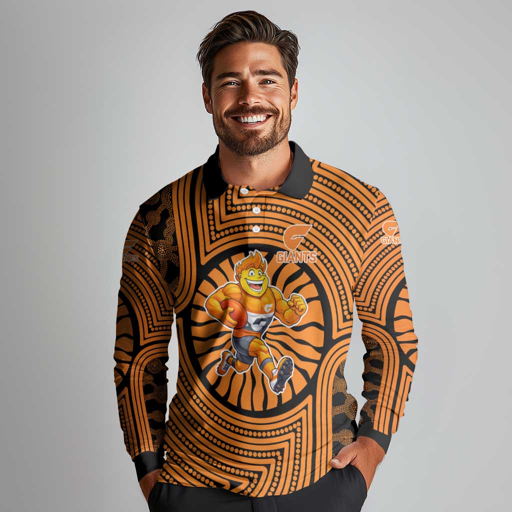 Greater Western Sydney Giants Long Sleeve Polo Shirt Indigenous Monochrome Dot Art Mascot Style