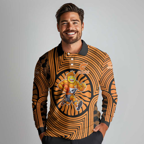 Greater Western Sydney Giants Long Sleeve Polo Shirt Indigenous Monochrome Dot Art Mascot Style