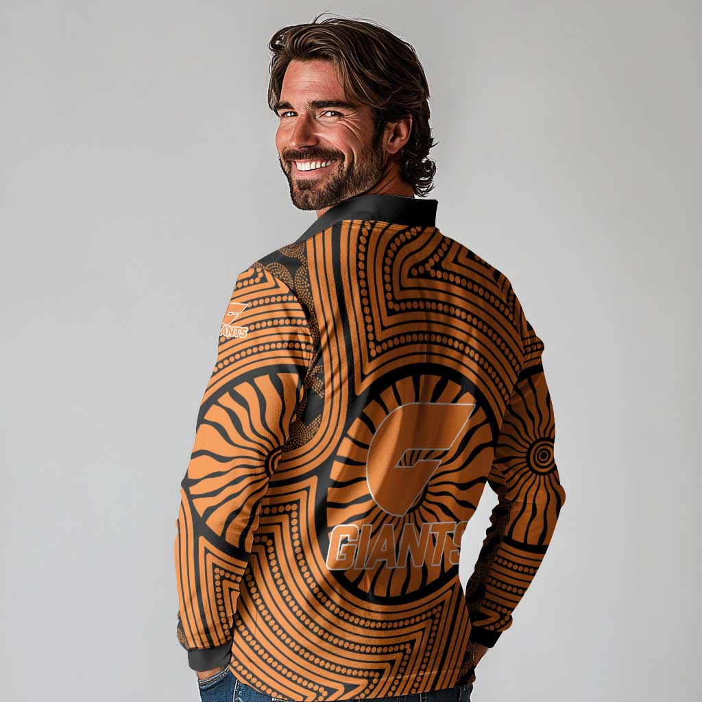 Greater Western Sydney Giants Long Sleeve Polo Shirt Indigenous Monochrome Dot Art Mascot Style