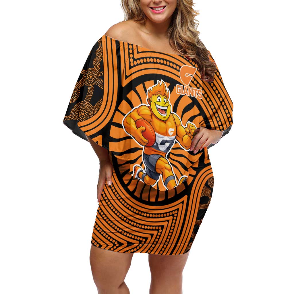 Greater Western Sydney Giants Off Shoulder Short Dress Indigenous Monochrome Dot Art Mascot Style