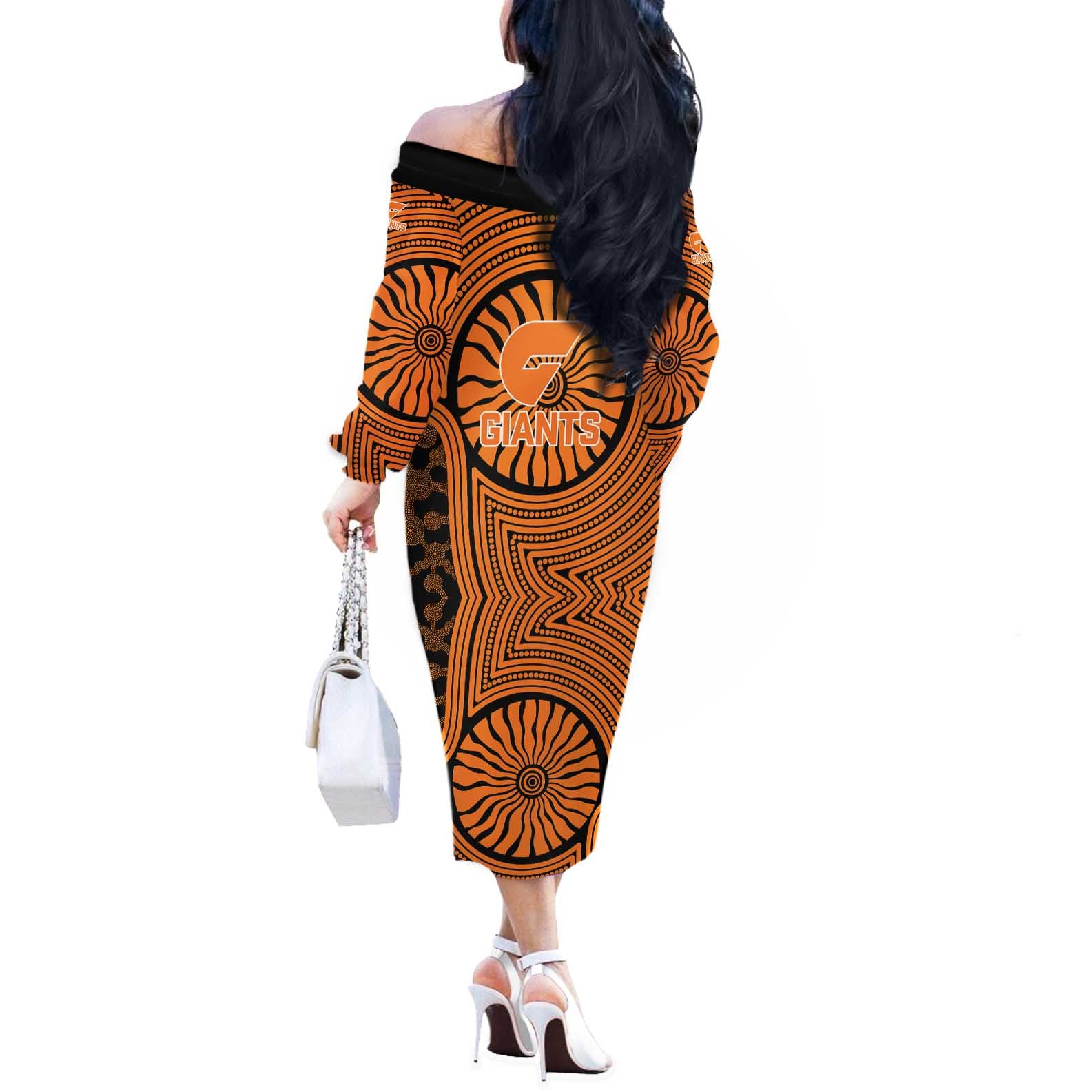 Greater Western Sydney Giants Off The Shoulder Long Sleeve Dress Indigenous Monochrome Dot Art Mascot Style
