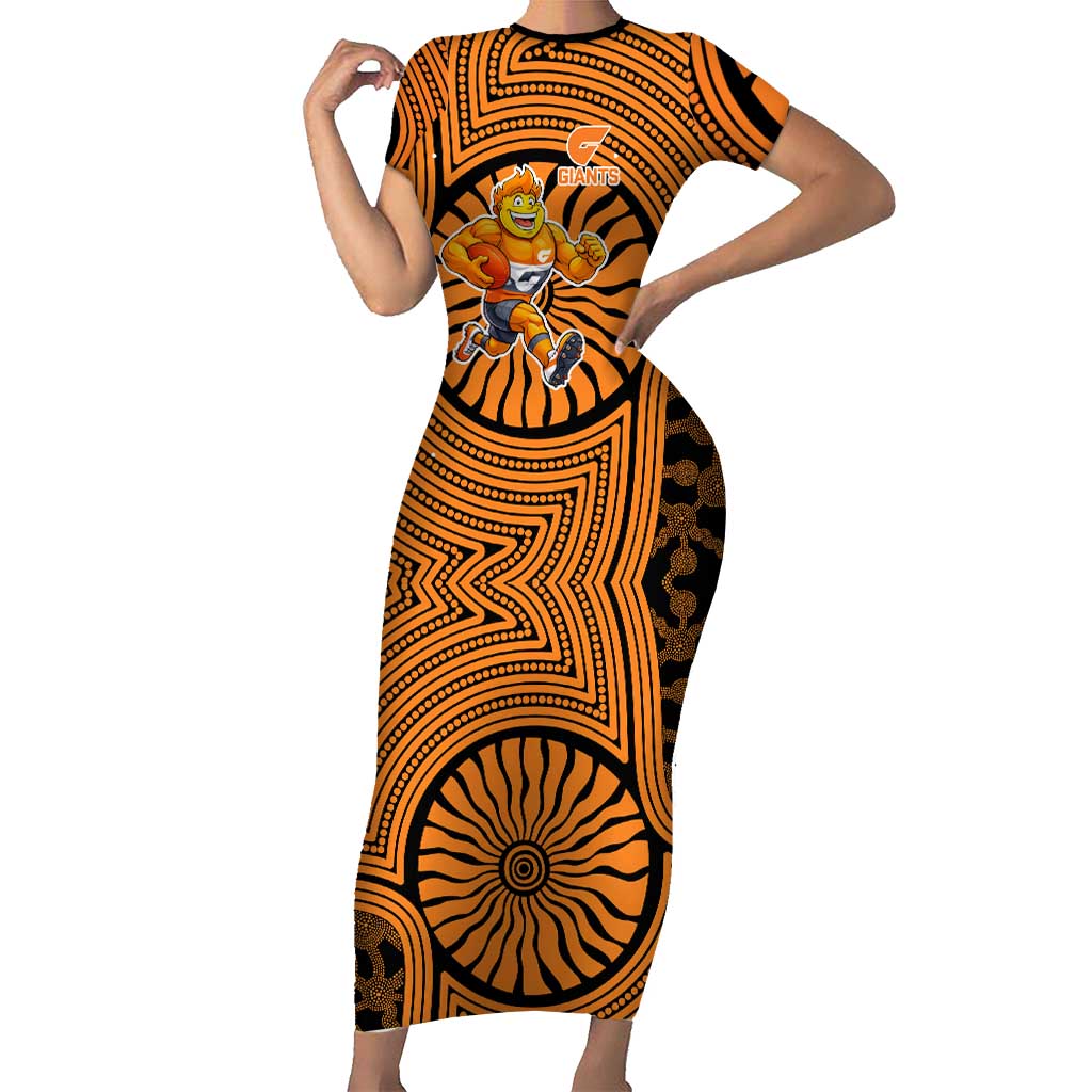 Greater Western Sydney Giants Short Sleeve Bodycon Dress Indigenous Monochrome Dot Art Mascot Style